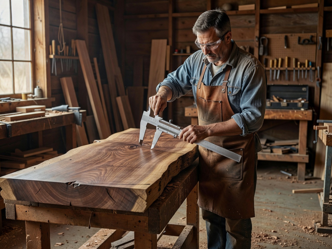 Craftsman measuring thick hardwood slab with precision caliper tool