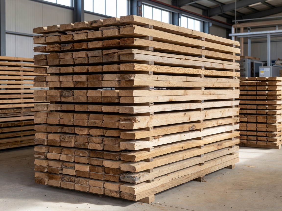 Stack of harvested sustainable English oak planks in drying shed