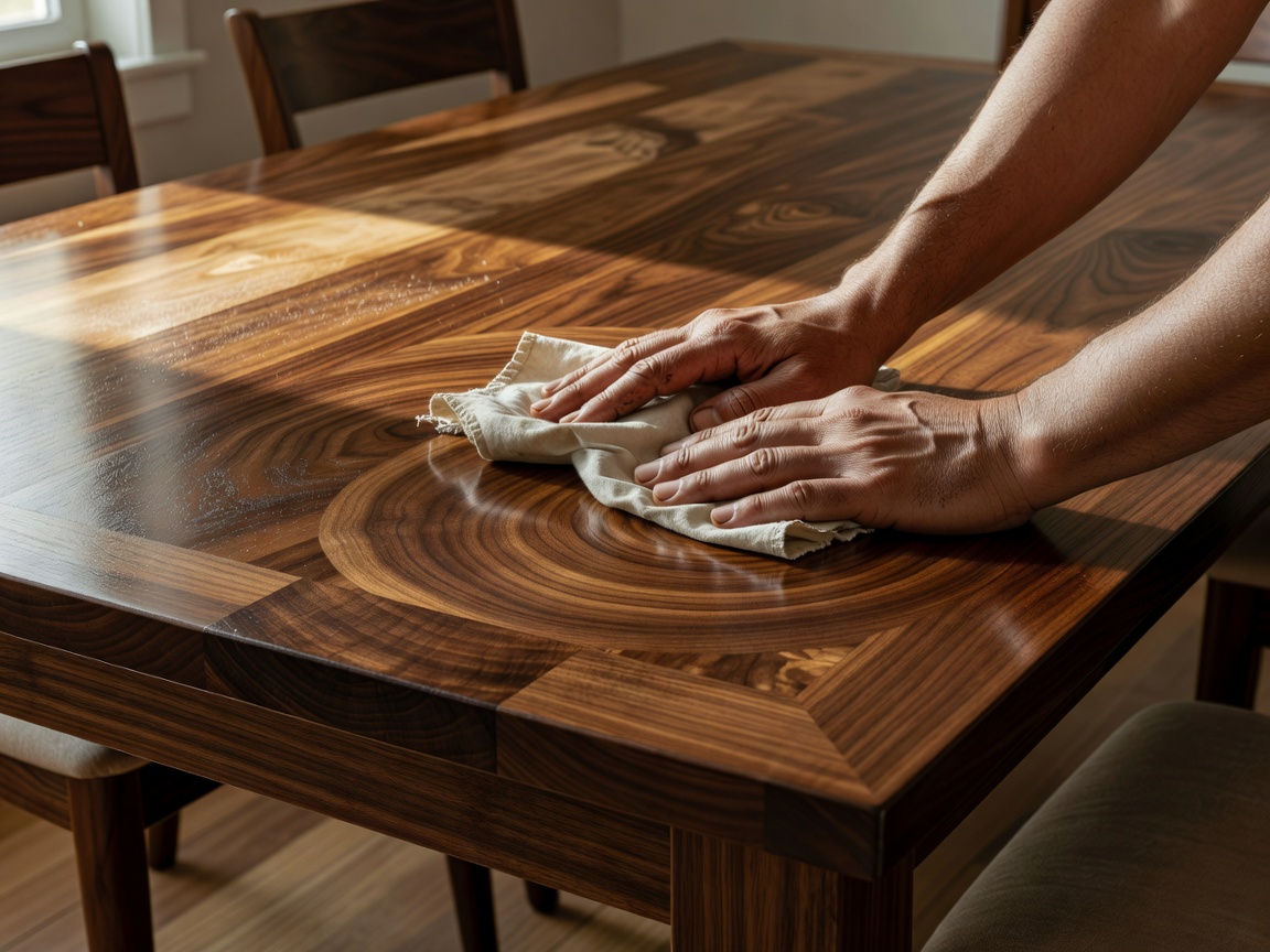 Hand rubbing oil finish into rich walnut dining table surface
