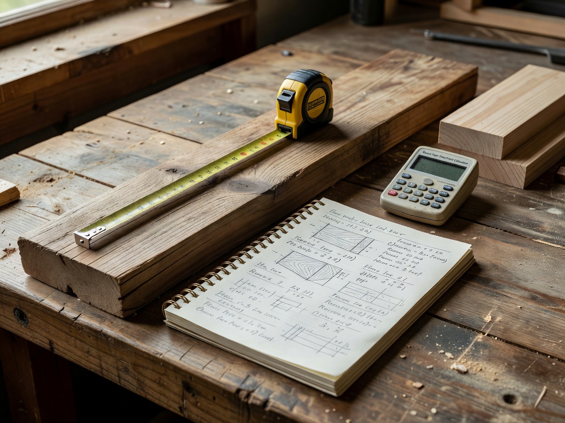 Lumber board calculation with tape measure and notepad