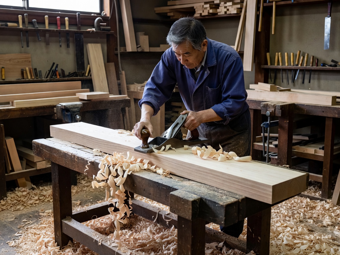 Master craftsman working with Japanese hand plane on raw oak timber