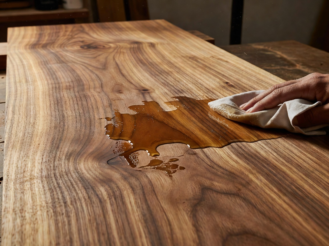 Hand applying natural hardwax oil to bespoke walnut tabletop