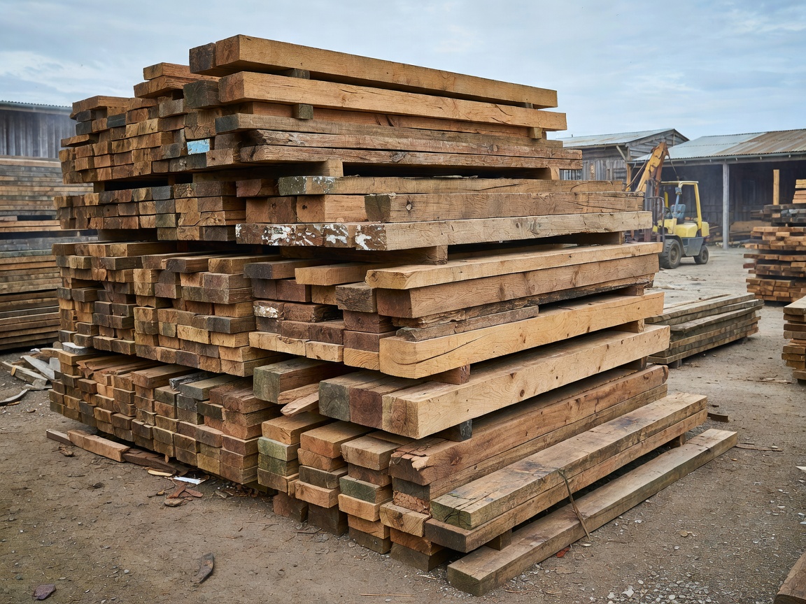 Stacked vintage reclaimed oak lumber in timber yard